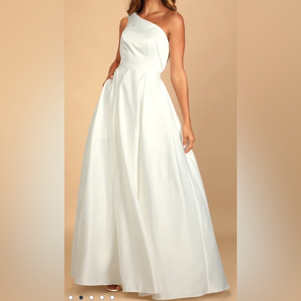 Lulu’s Love Conquers All White Satin One-Shoulder A-Line Gown - NWT